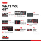 Teng Tools TCW813UNBK-EVA 608 piece 64in red roller cabinet tool kit, what you get: tools by type
