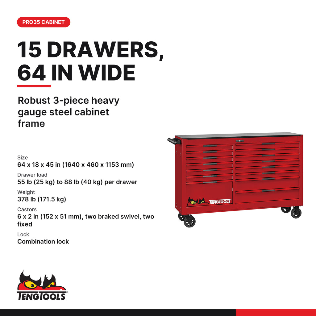 Teng Tools TCW813UNBK-KIT1 756 piece 64in red roller cabinet tool kit, PRO35 15-drawer roller cabinet size and load ratings
