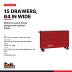 Teng Tools TCW813UNBK-KIT1 756 piece 64in red roller cabinet tool kit, PRO35 15-drawer roller cabinet size and load ratings