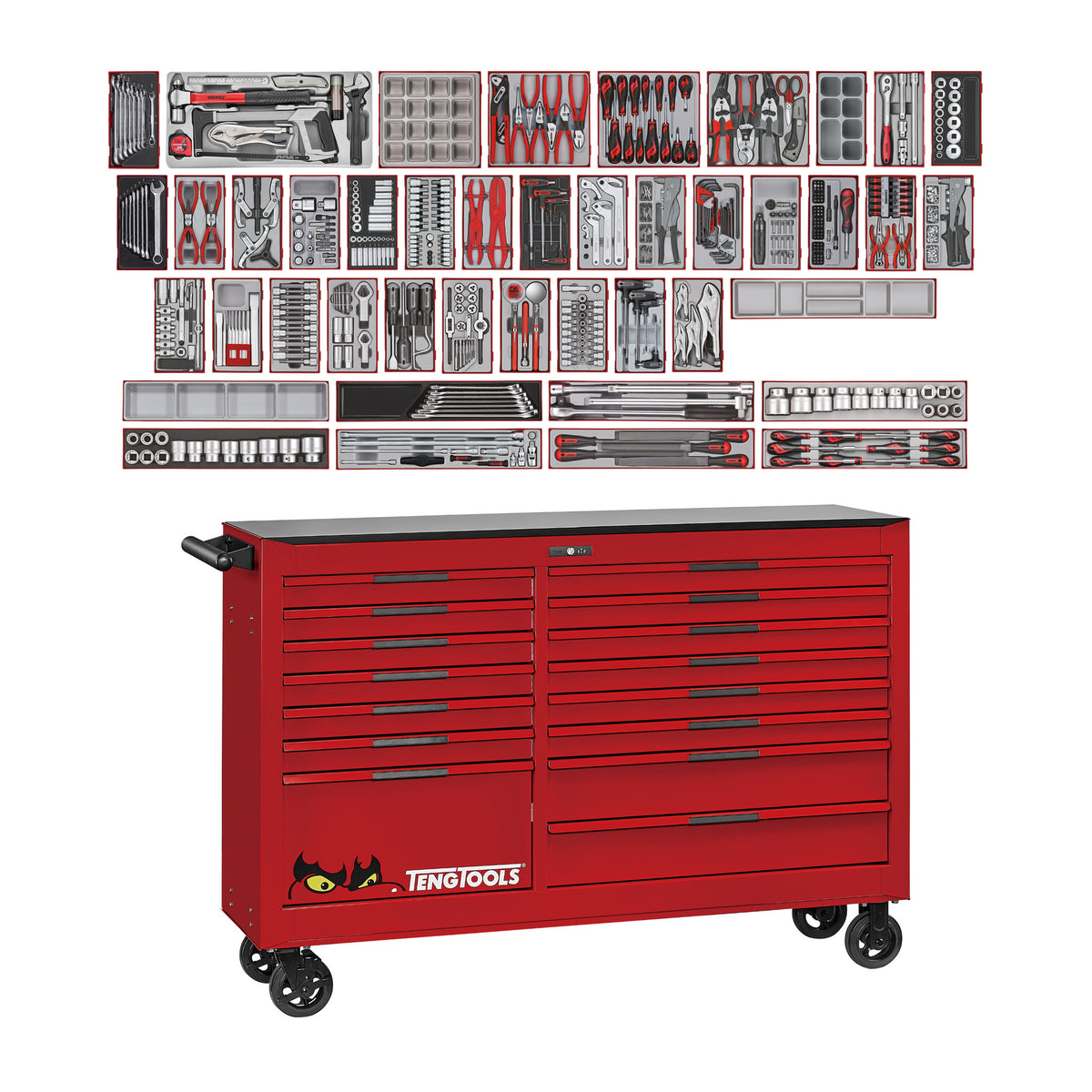 Teng Tools TCW813UNBK-SAE 665 piece 64in red roller cabinet SAE tool kit, on a white background