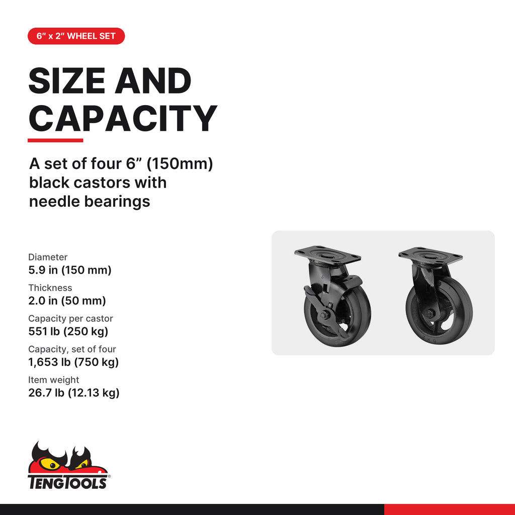 Teng Tools TCWIQ-SC Wheel Set 6 x 2, A set of four 6” (150mm) black castors with needle bearings