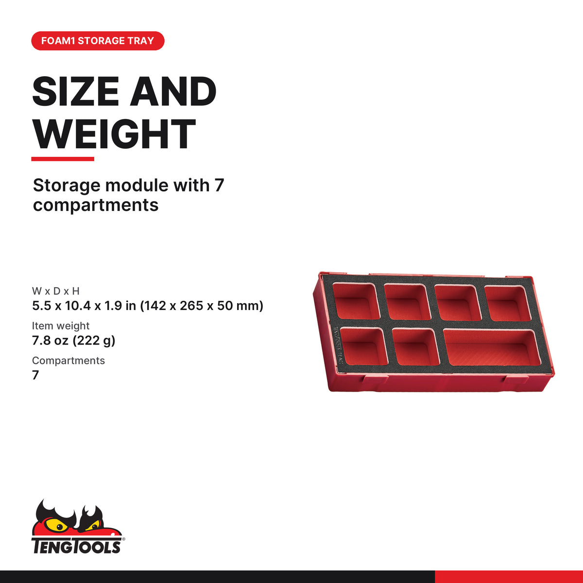 Teng Tools TEA01 7 Compartment Foam Tray for Small Drawer Organizer, storage module with 7 compartments