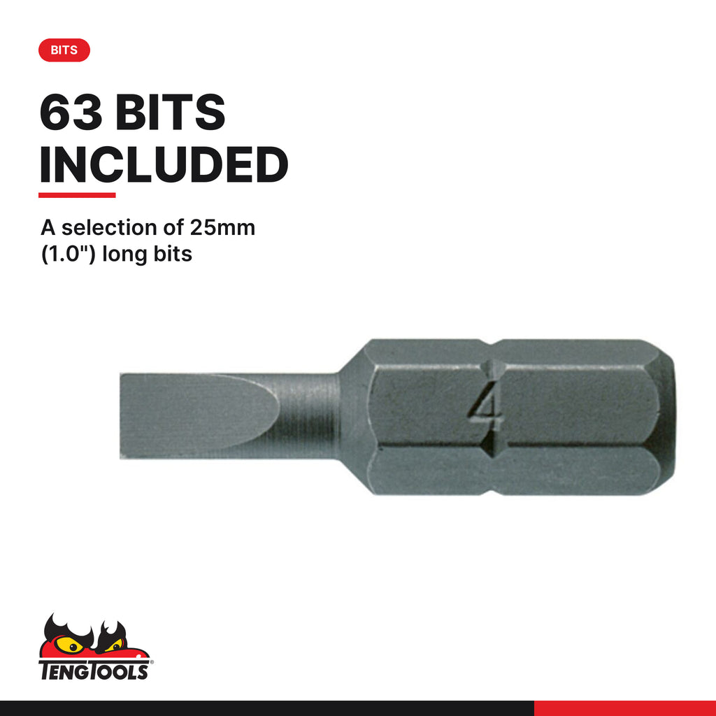 Teng Tools TEA1487 1/4" Socket & Bits Set FOAM1 87 Pieces, A selection of 25mm (1.0") long bits