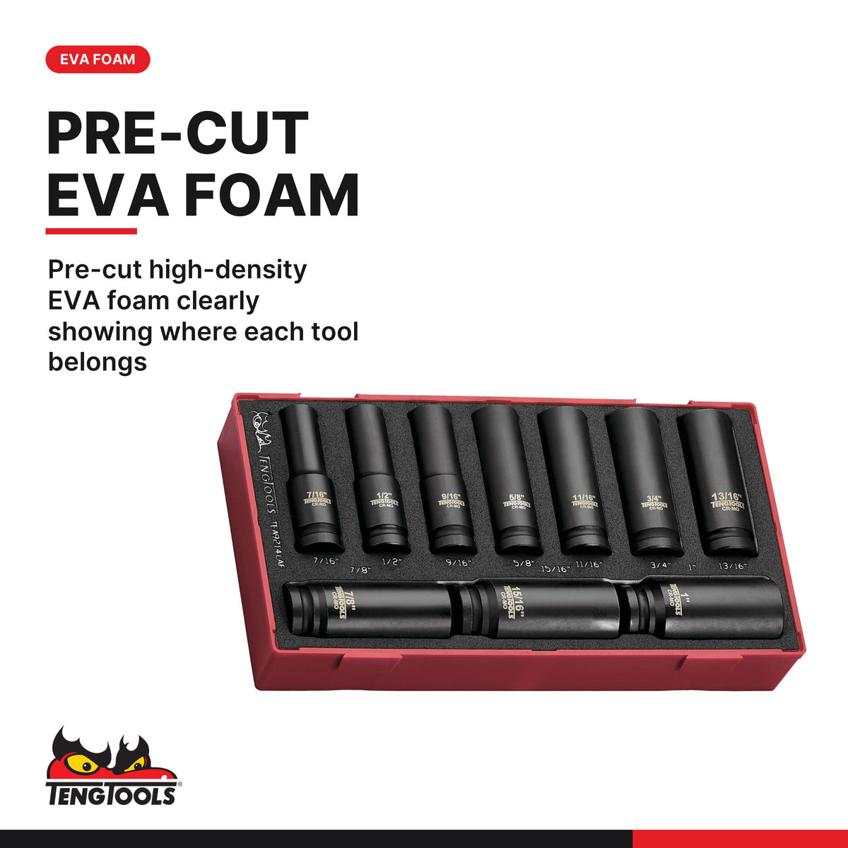 Teng Tools TEA9214LAF 14 Piece 1/2 Drive Deep Impact Socket Set, pre-cut high-density EVA foam clearly showing where each