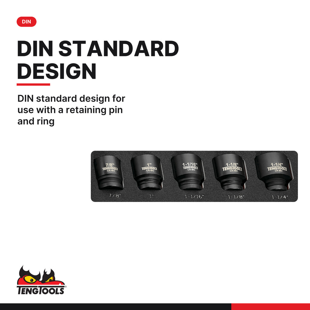 Teng Tools TEA9216AF 16 Piece 6 Point SAE Regular / Shallow 1/2 Inch, DIN standard design for use with a retaining pin and