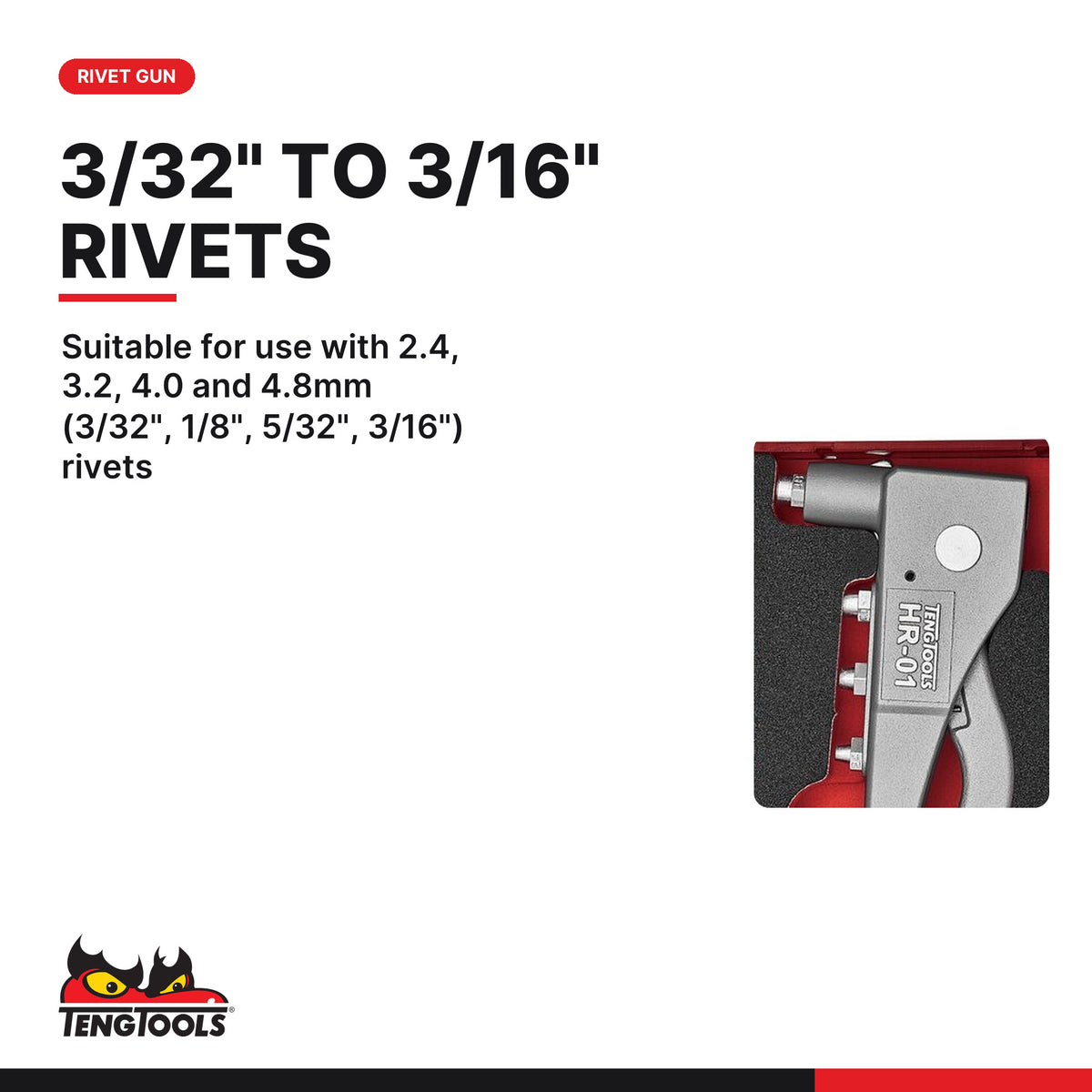Teng Tools TEAHR81 Rivet Gun Set FOAM1 81 Pieces, suitable for use with 2.4, 3.2, 4.0 and 4.8mm (3/32", 1/8", 5/32", 3/16")
