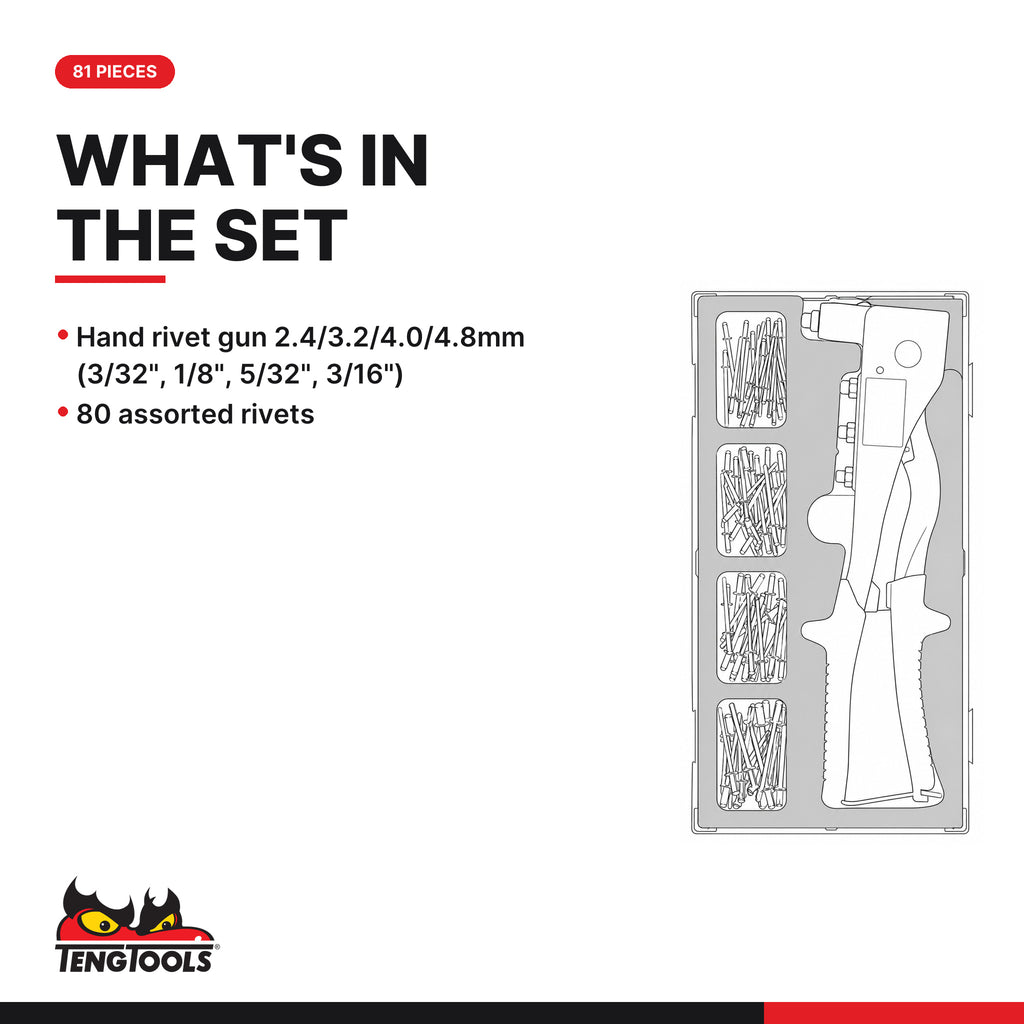 Teng Tools TEAHR81 Rivet Gun Set FOAM1 81 Pieces, what's in the tray