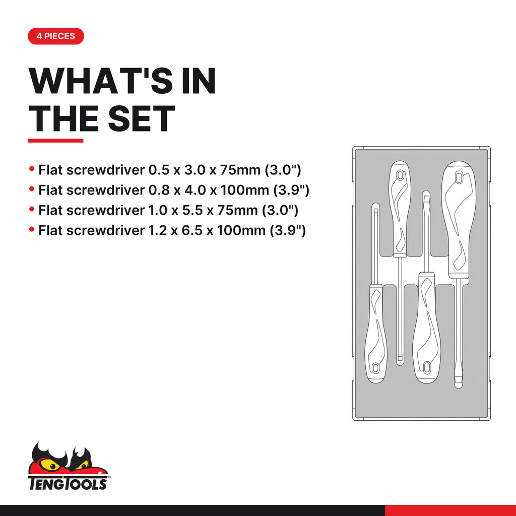 Teng Tools TEAMD04N Screwdriver Set Flat FOAM1 4 Pieces, what's in the tray