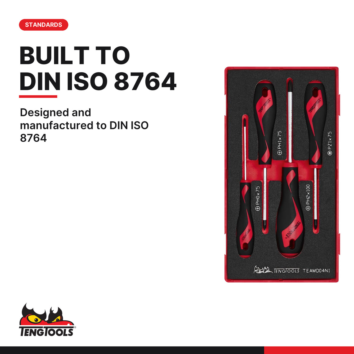 Teng Tools TEAMD04N1 Screwdriver Set PH/PZ FOAM1 4 Pieces, designed and manufactured to din iso 8764