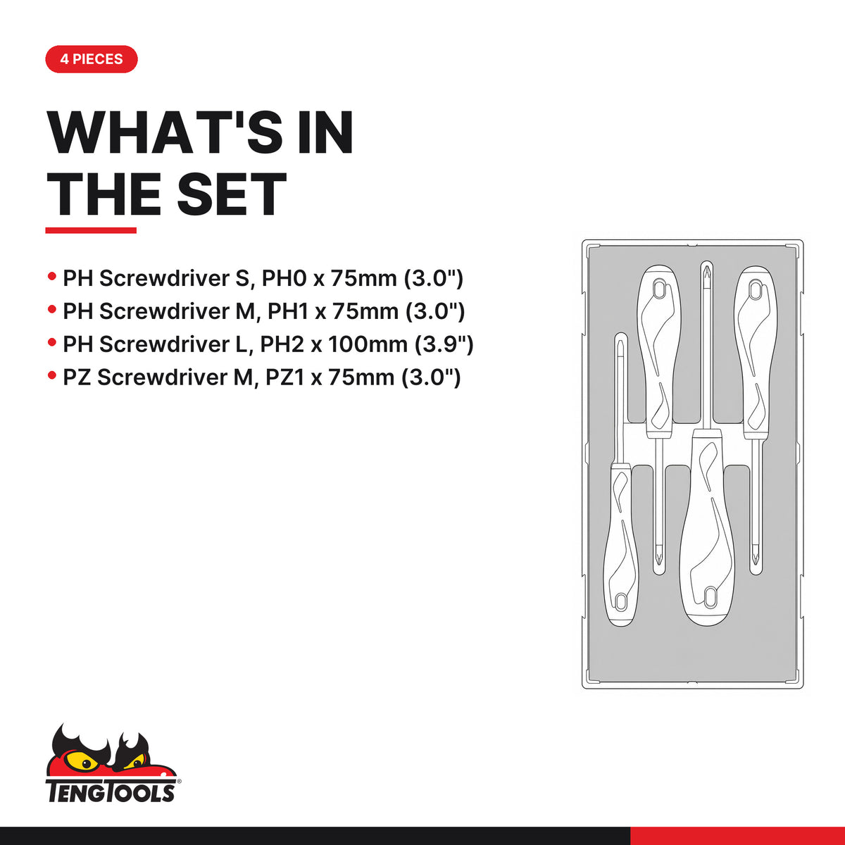 Teng Tools TEAMD04N1 Screwdriver Set PH/PZ FOAM1 4 Pieces, what's in the tray