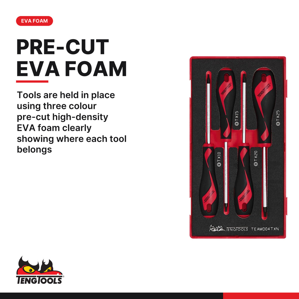Teng Tools TEAMD04TXN Screwdriver Set TX FOAM1 4 Pieces, tools are held in place using three colour pre-cut high-density eva 