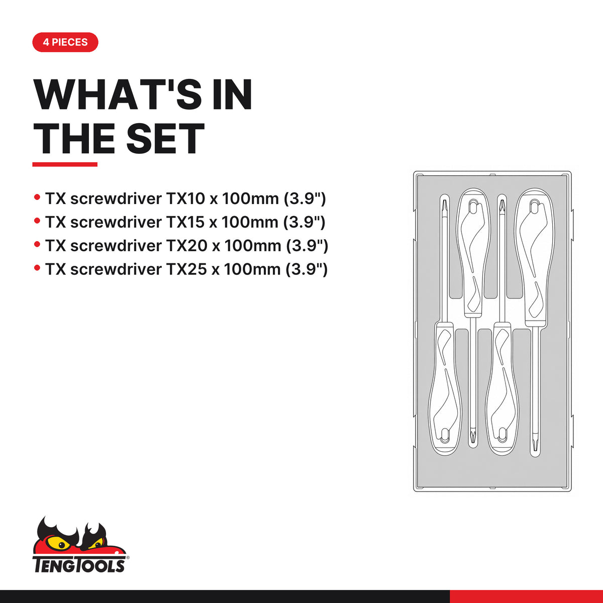 Teng Tools TEAMD04TXN Screwdriver Set TX FOAM1 4 Pieces, what's in the tray