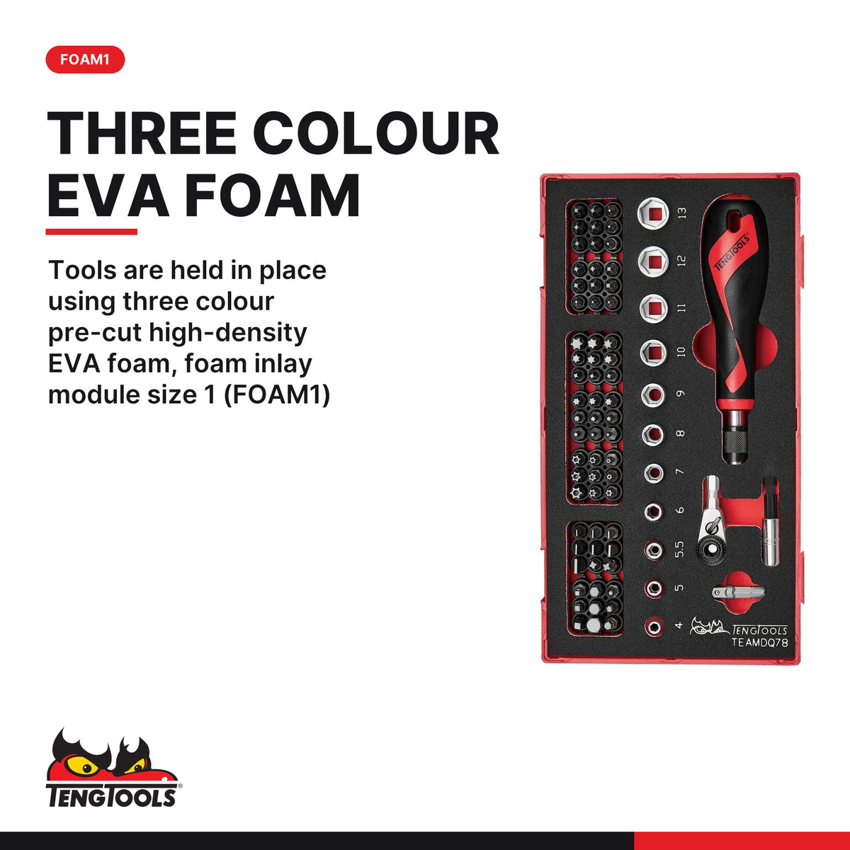 Teng Tools TEAMDQ78 78 Piece 1/4 Drive Bit and Socket Set, tools are held in place using three colour pre-cut high-density