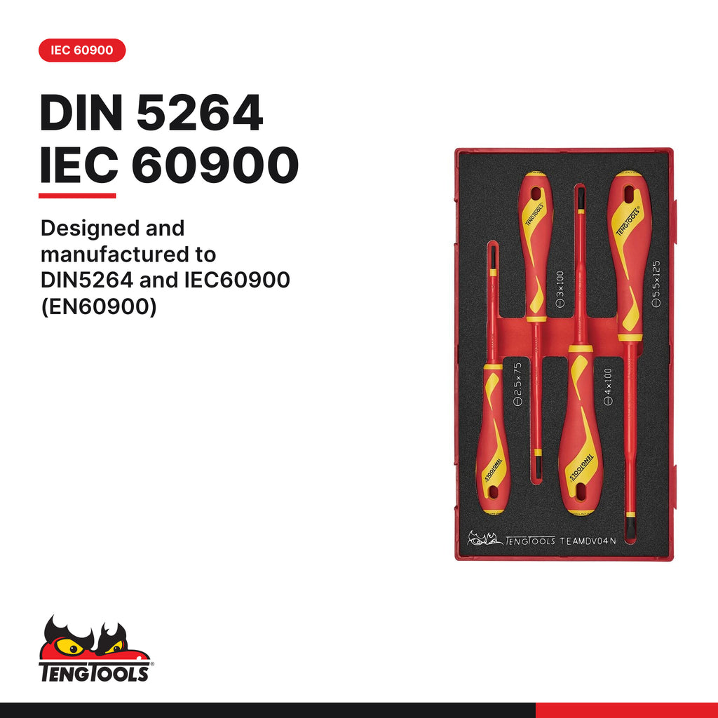 Teng Tools TEAMDV04N Insulated Screwdriver Set Flat FOAM1 4 Pieces, designed and manufactured to din5264 and iec60900 (en6090