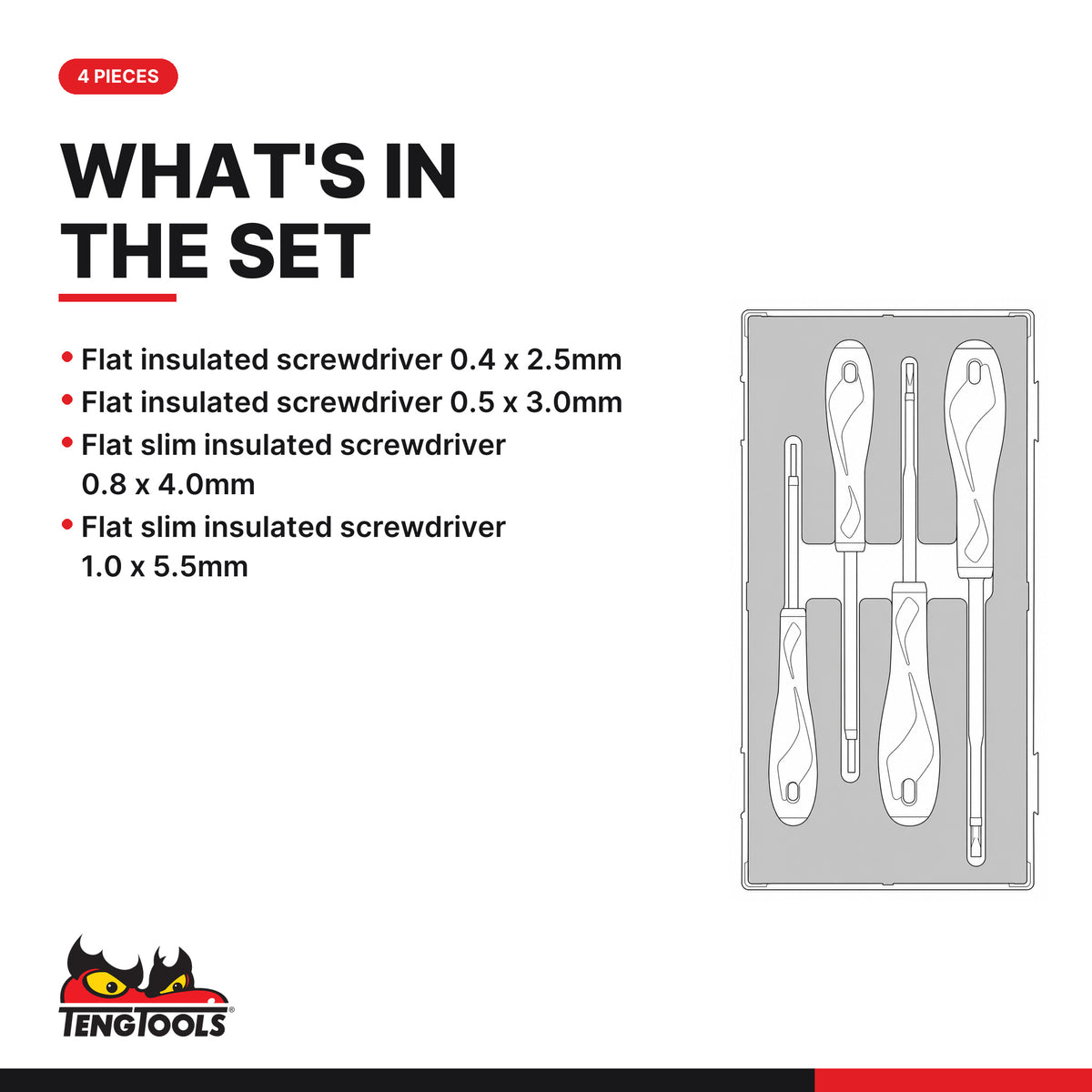 Teng Tools TEAMDV04N Insulated Screwdriver Set Flat FOAM1 4 Pieces, what's in the tray