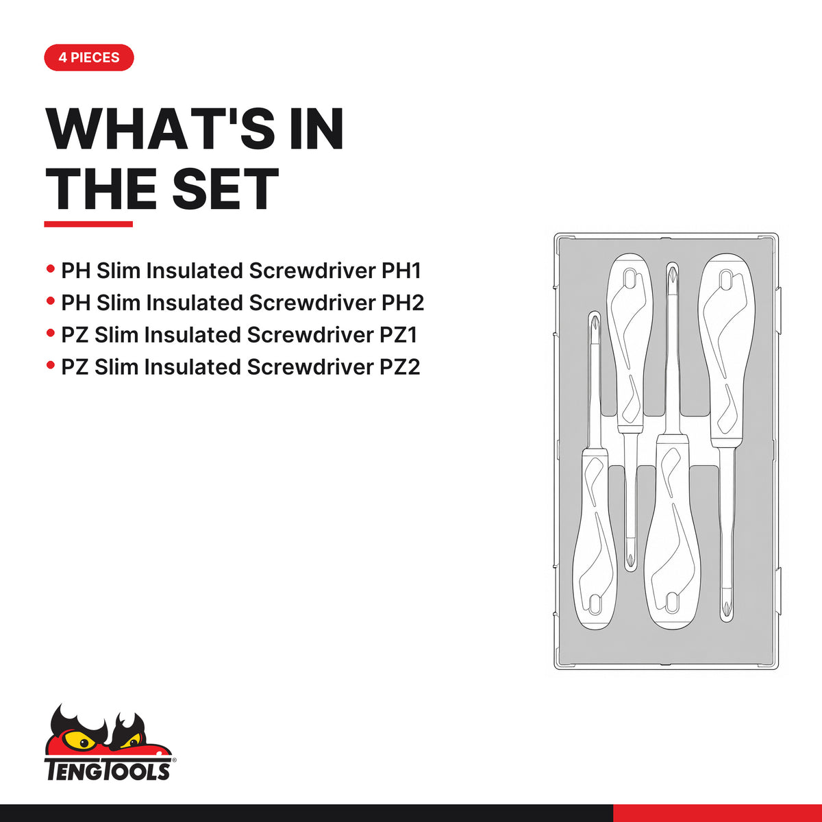 Teng Tools TEAMDV04N1 Insulated Screwdriver Set PH/PZ FOAM1 4 Pieces, what's in the tray
