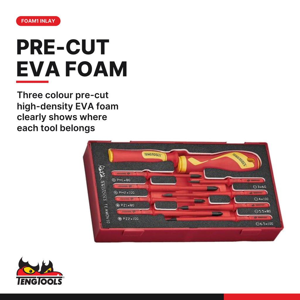 Teng Tools TEAMDV10 Insulated Interchangeable Blade Set FOAM1 10 Pieces, three colour pre-cut high-density eva foam clearly s