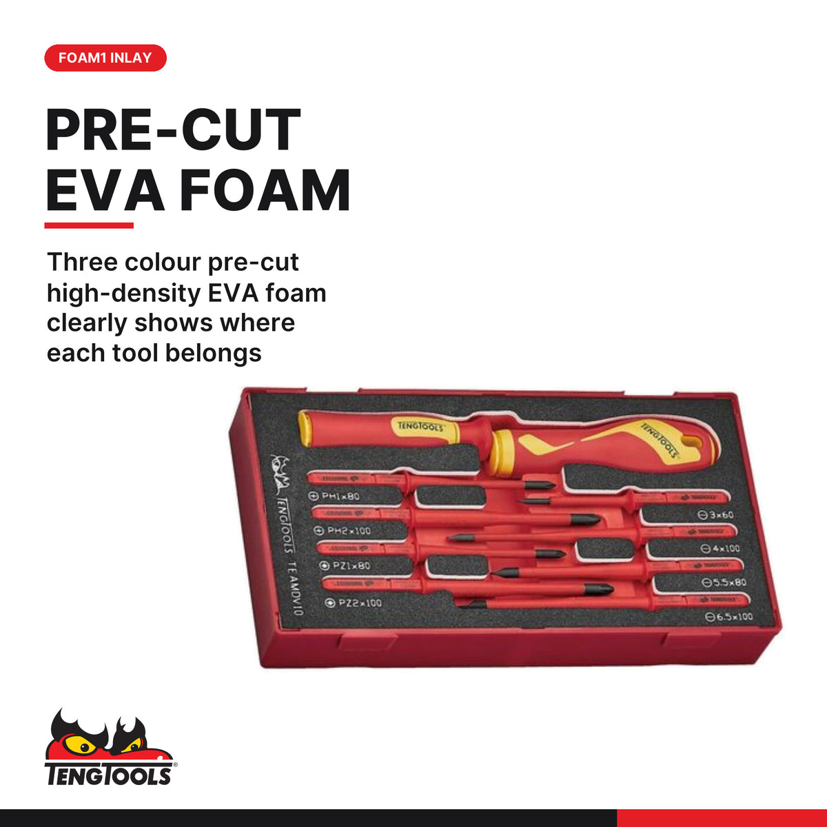 Teng Tools TEAMDV10 Insulated Interchangeable Blade Set FOAM1 10 Pieces, three colour pre-cut high-density eva foam clearly s