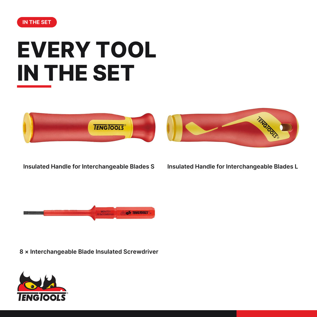 Teng Tools TEAMDV10 Insulated Interchangeable Blade Set FOAM1 10 Pieces, every tool in the set
