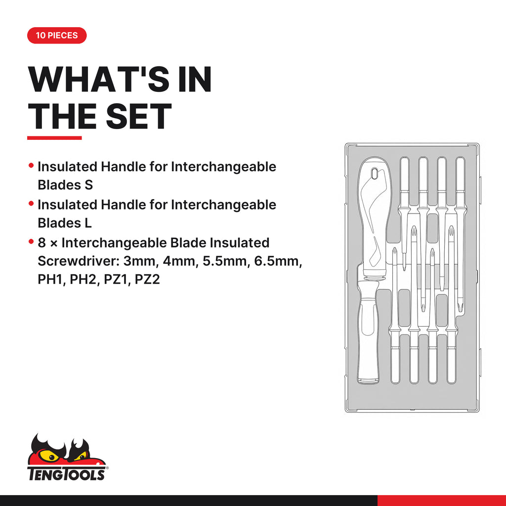 Teng Tools TEAMDV10 Insulated Interchangeable Blade Set FOAM1 10 Pieces, what's in the tray