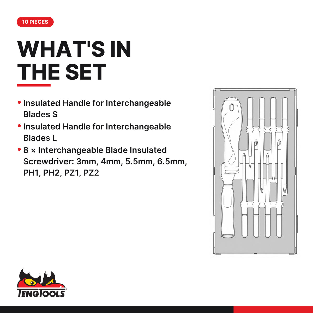 Teng Tools TEAMDV10 Insulated Interchangeable Blade Set FOAM1 10 Pieces, what's in the tray