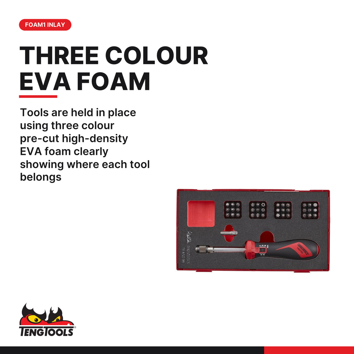 Teng Tools TEASD38 Torque Screwdriver Set FOAM1 38 Pieces, tools are held in place using three colour pre-cut high-density