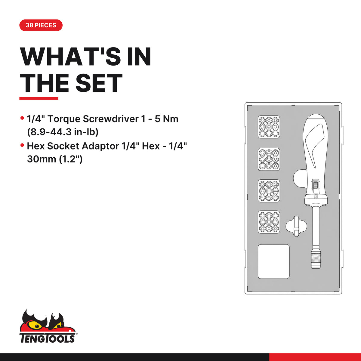 Teng Tools TEASD38 Torque Screwdriver Set FOAM1 38 Pieces, what's in the set