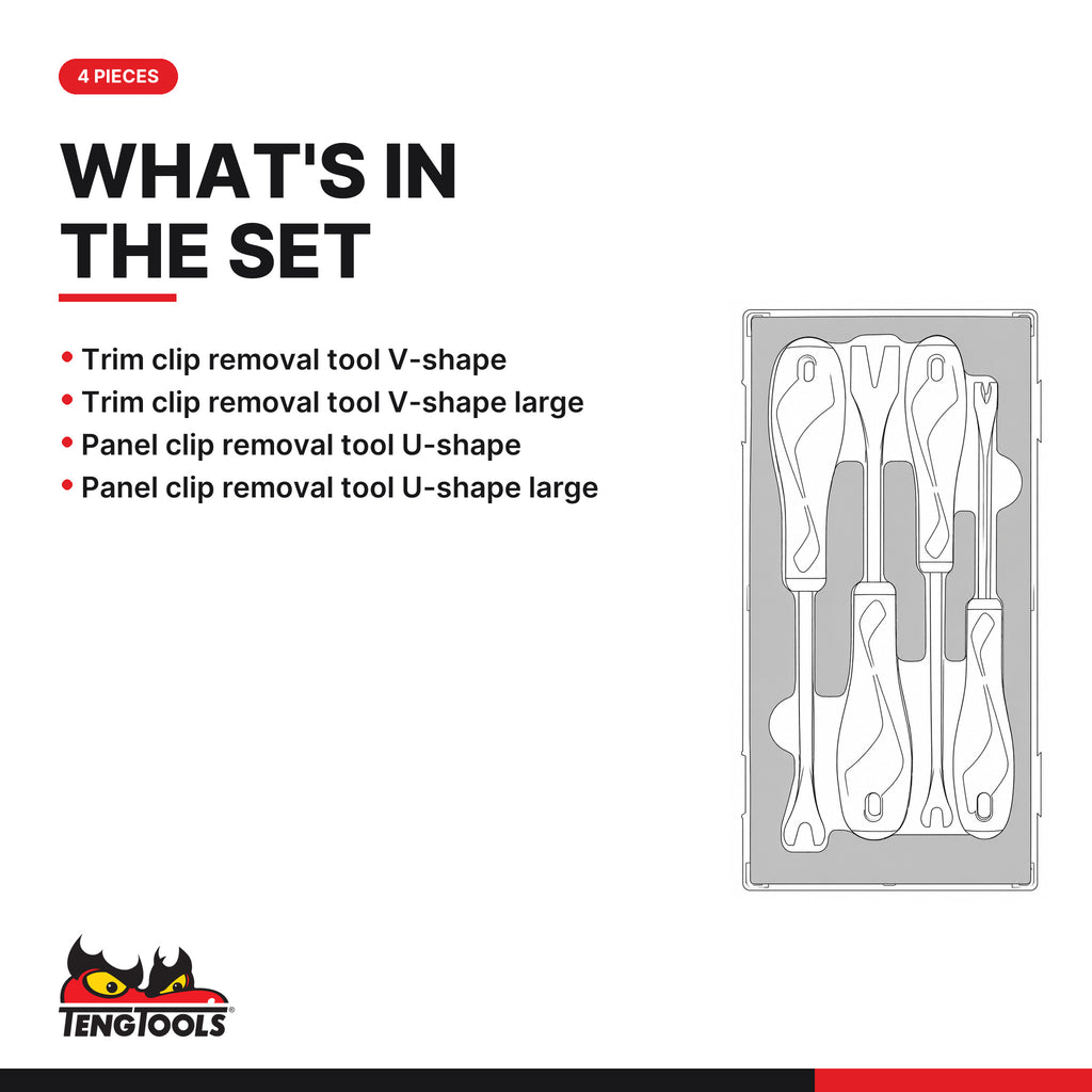 Teng Tools TEASR04A Trim & panel fastener clip removal set FOAM1 4 pcs, what's in the tray