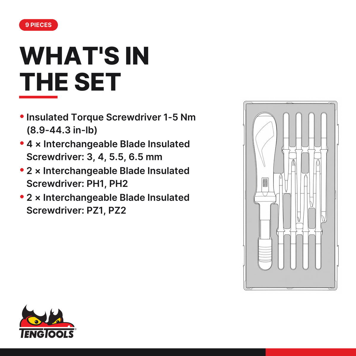Teng Tools TEAVSD09 Insulated Torque Screwdriver Set FOAM1 9 Pieces, what's in the tray