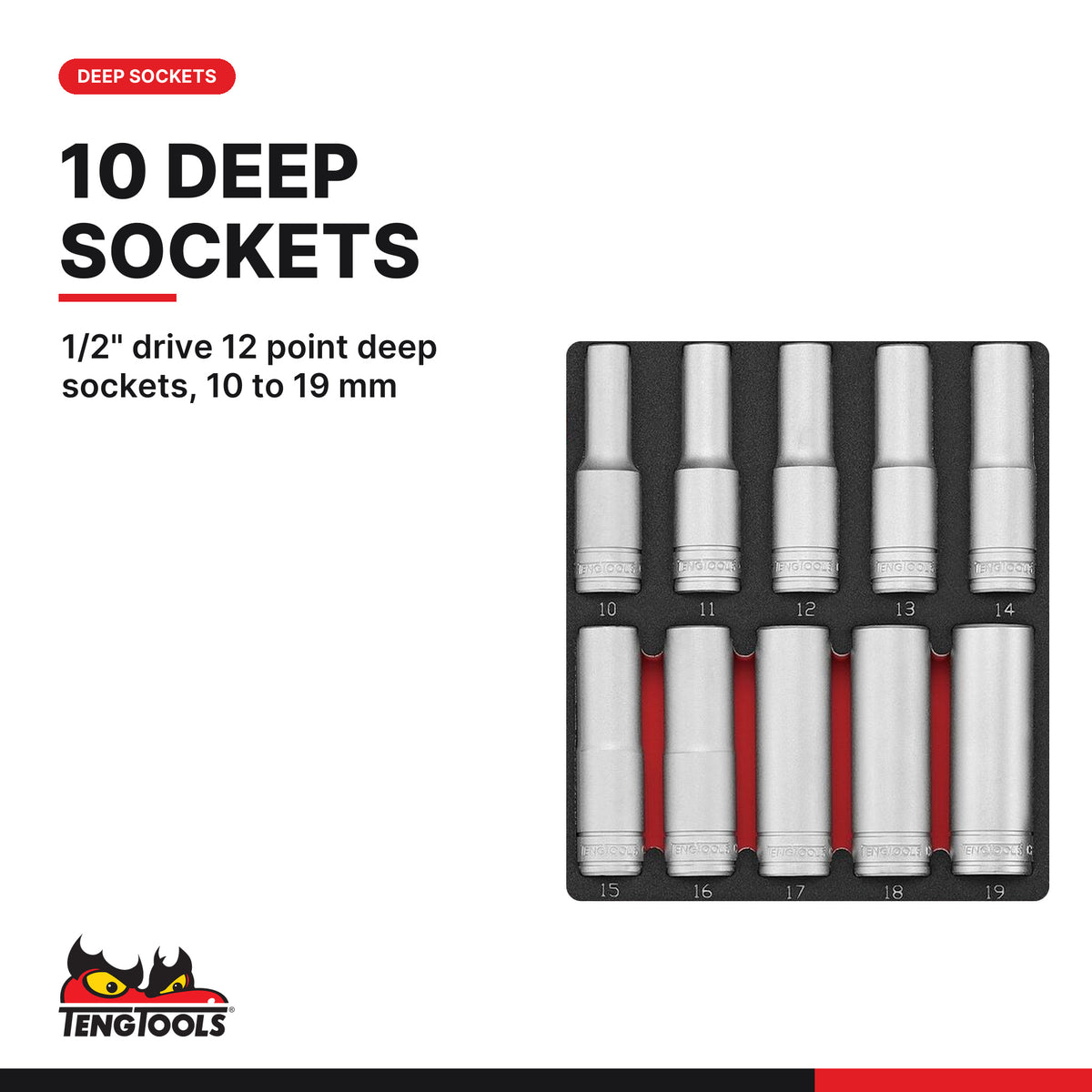 Teng Tools TED1227 1/2" Socket Set 12 pt FOAM2 27 Pieces, 1/2" drive 12 point deep sockets, 10 to 19 mm