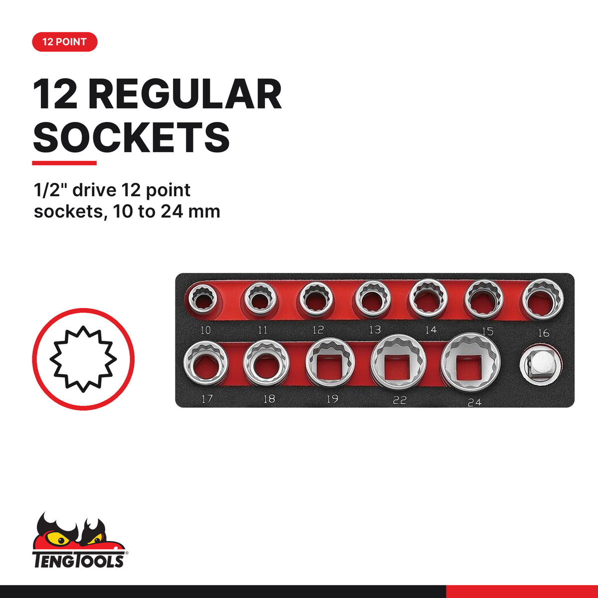 Teng Tools TED1227 1/2" Socket Set 12 pt FOAM2 27 Pieces, 1/2" drive 12 point sockets, 10 to 24 mm