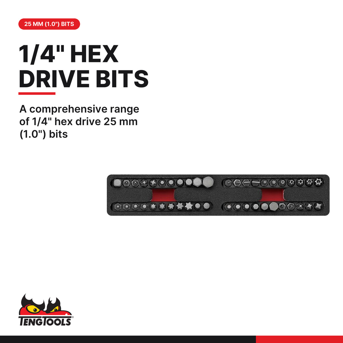 Teng Tools TED1489 1/4" Socket Set 6 pt FOAM2 89 Pieces, A comprehensive range of 1/4" hex drive 25 mm (1.0") bits