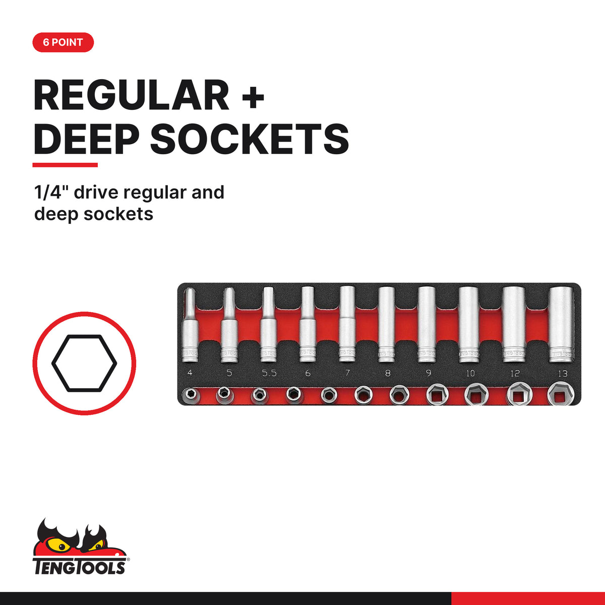 Teng Tools TED1489 1/4" Socket Set 6 pt FOAM2 89 Pieces, 1/4" drive regular and deep sockets