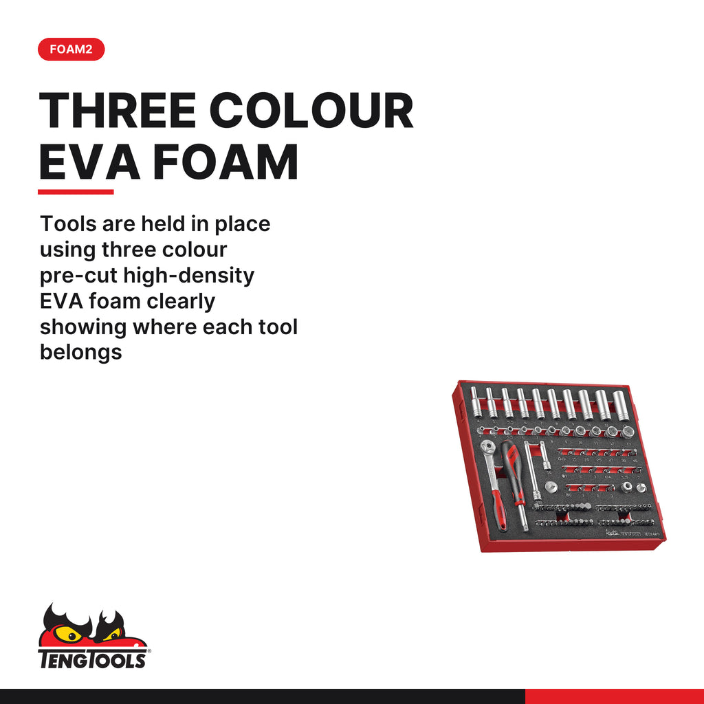 Teng Tools TED1489 1/4" Socket Set 6 pt FOAM2 89 Pieces, tools are held in place using three colour pre-cut high-density EVA