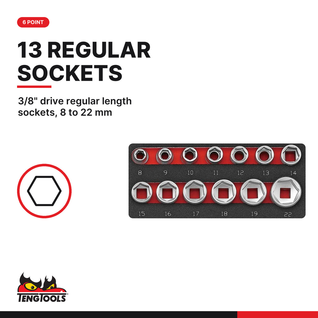 Teng Tools TED3836 3/8" Socket Set 6 pt FOAM2 36 Pieces, 3/8" drive regular length sockets, 8 to 22 mm