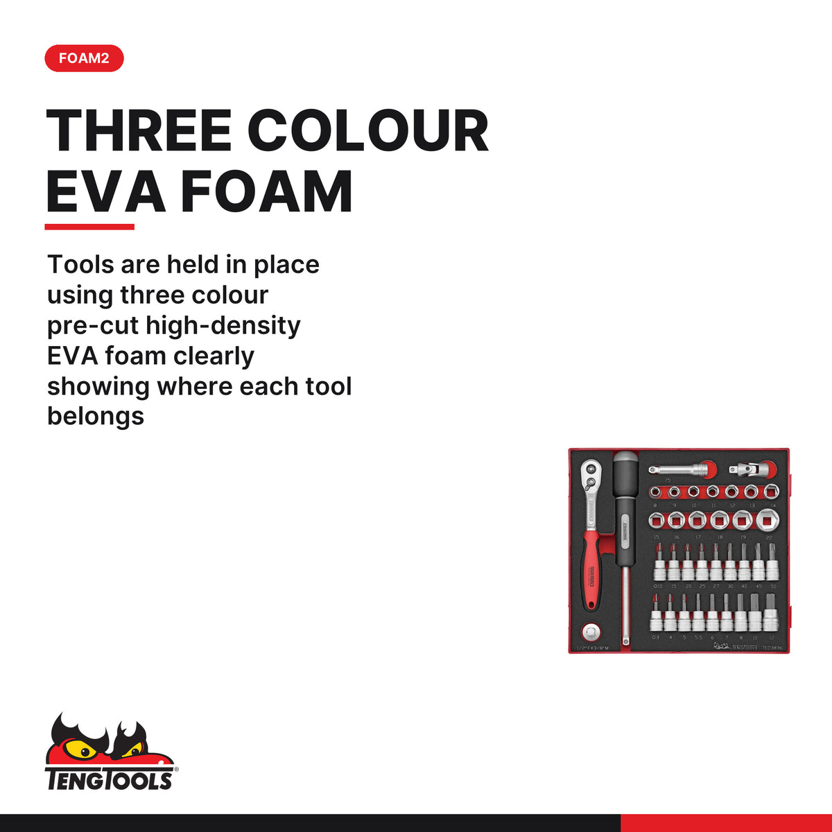 Teng Tools TED3836 3/8" Socket Set 6 pt FOAM2 36 Pieces, tools are held in place using three colour pre-cut high-density EVA