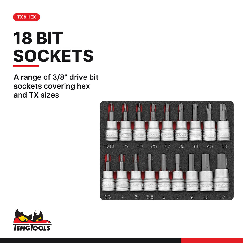 Teng Tools TED3836 3/8" Socket Set 6 pt FOAM2 36 Pieces, A range of 3/8" drive bit sockets covering hex and TX sizes