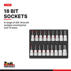 Teng Tools TED3836 3/8" Socket Set 6 pt FOAM2 36 Pieces, A range of 3/8" drive bit sockets covering hex and TX sizes