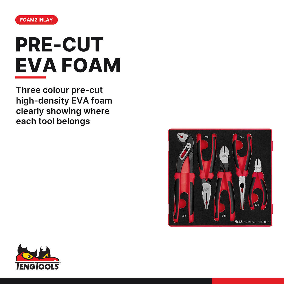 Teng Tools TED441-T Plier Set TPR Grip FOAM2 5 Pieces, three colour pre-cut high-density eva foam clearly showing where each 