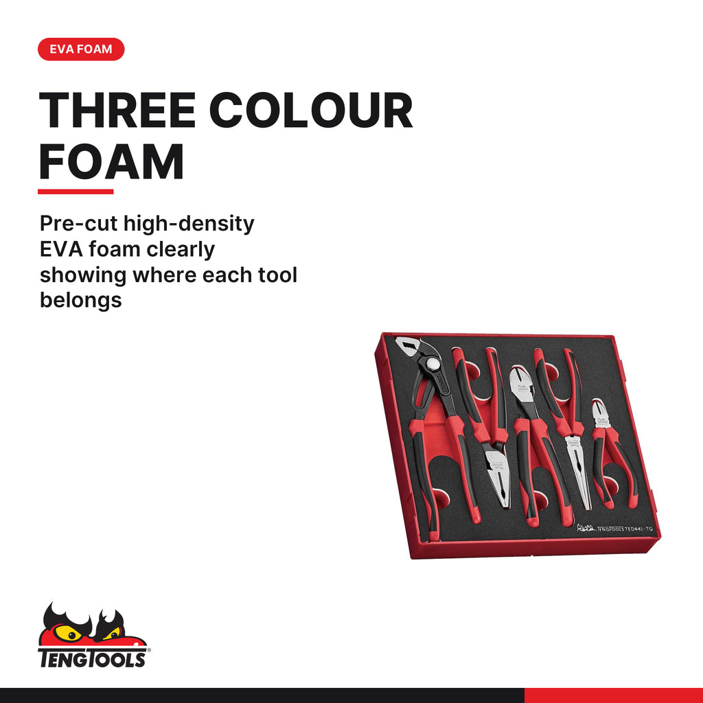 Teng Tools TED441-TQ Plier Set TPR Grip Q FOAM2 5 Pieces, pre-cut high-density eva foam clearly showing where each tool belon