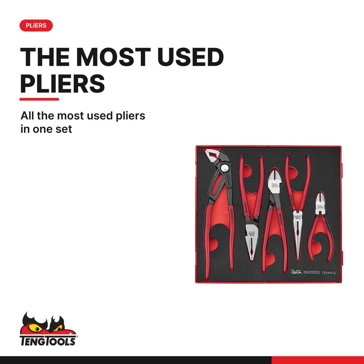 Teng Tools TED441Q Plier Set Vinyl Grip Q FOAM2 5 Pieces, all the most used pliers in one set