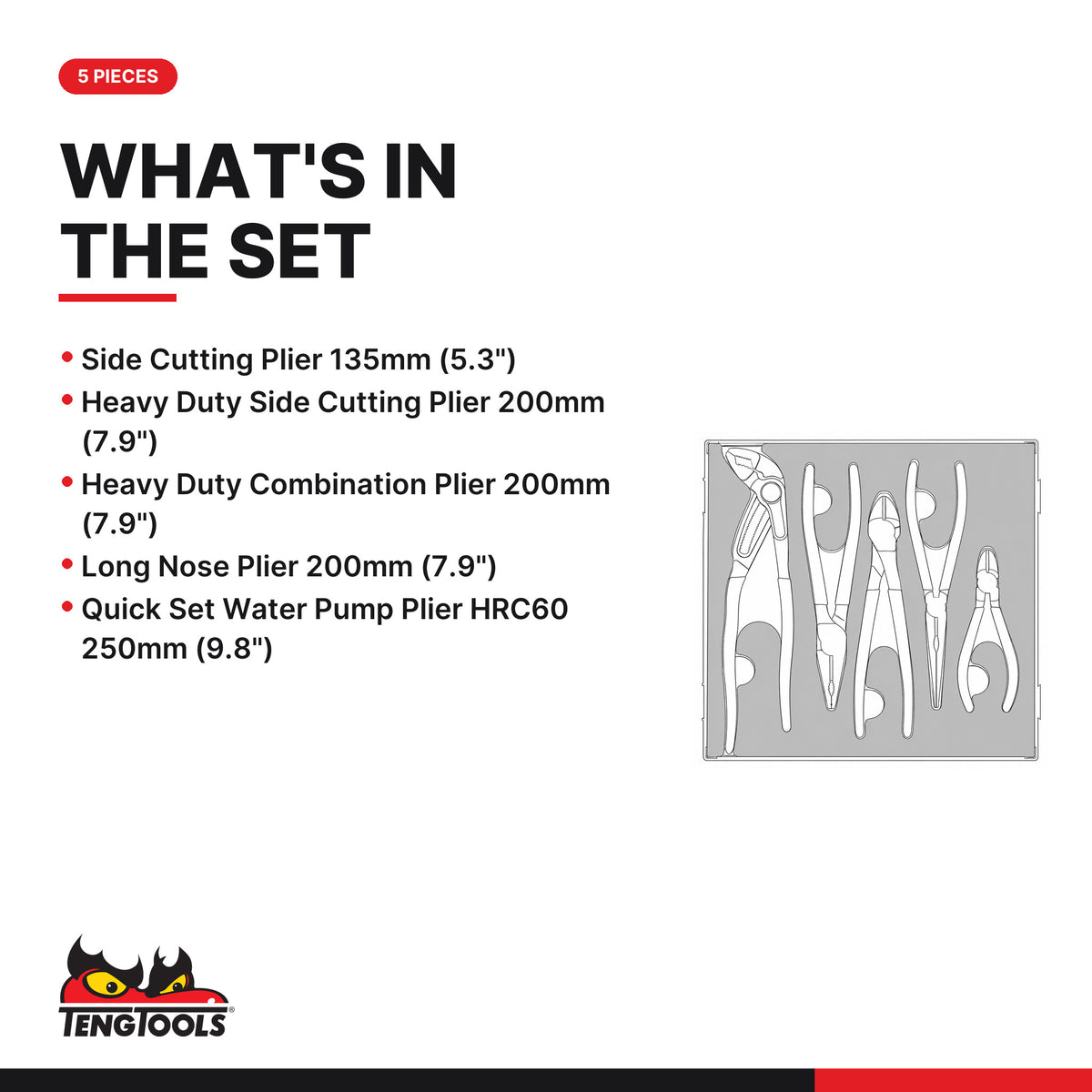 Teng Tools TED441Q Plier Set Vinyl Grip Q FOAM2 5 Pieces, what's in the tray