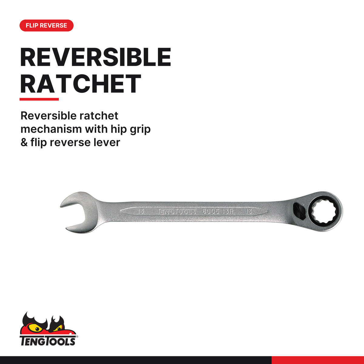 Teng Tools TED6512R Ratcheting Combination Spanner Set R FOAM2 12 Pieces, reversible ratchet mechanism with hip grip & flip