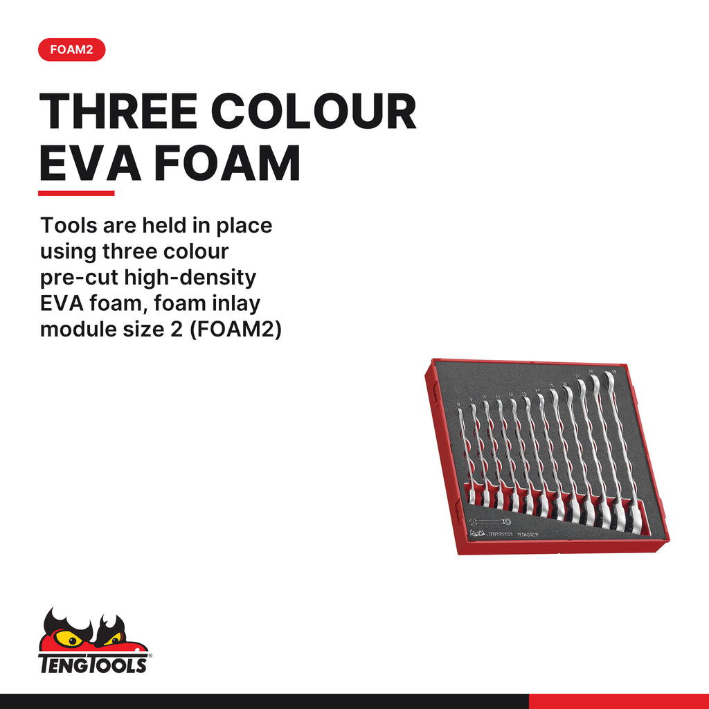 Teng Tools TED6512R Ratcheting Combination Spanner Set R FOAM2 12 Pieces, tools are held in place using three colour pre-cut