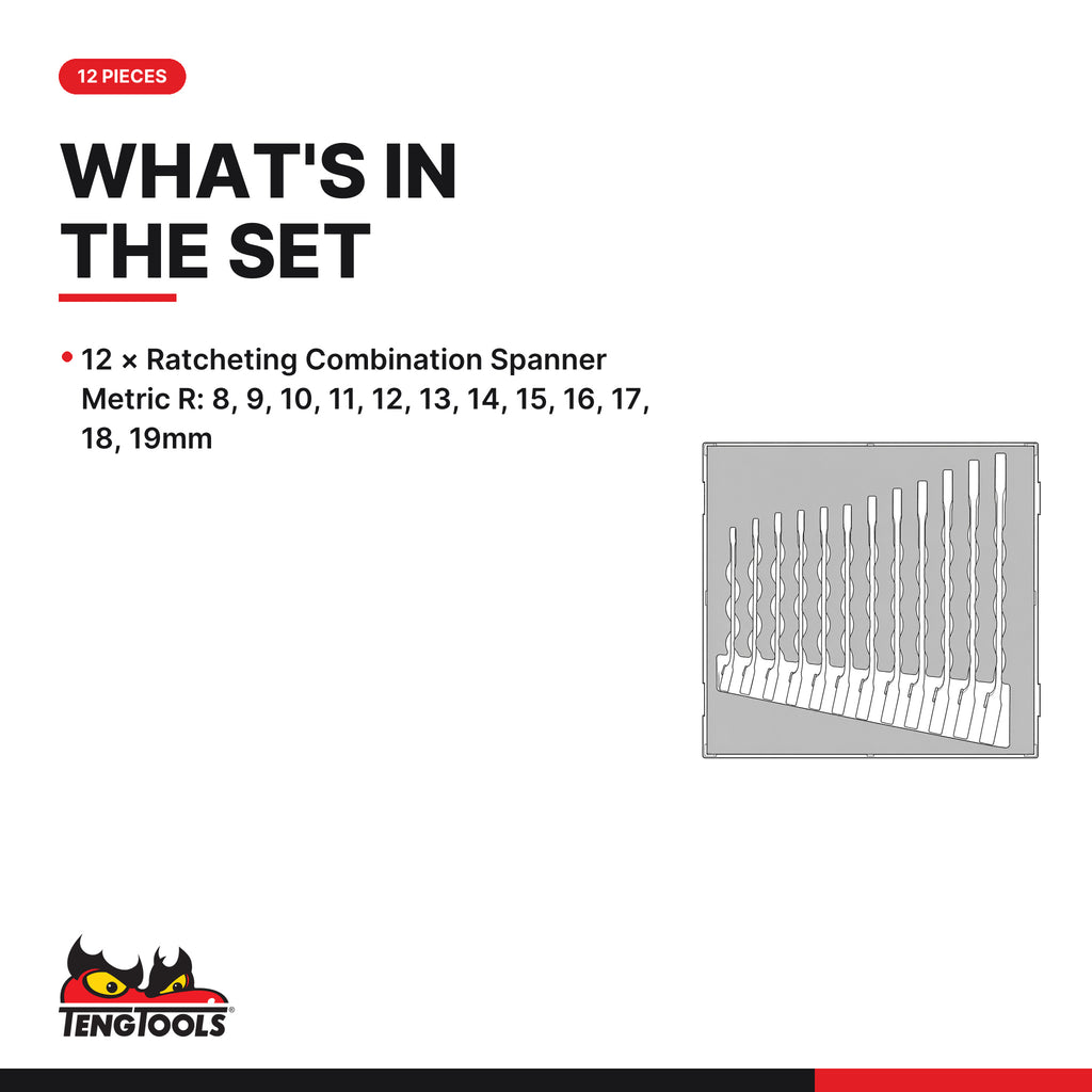 Teng Tools TED6512R Ratcheting Combination Spanner Set R FOAM2 12 Pieces, what's in the set