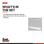Teng Tools TED6512R Ratcheting Combination Spanner Set R FOAM2 12 Pieces, what's in the set