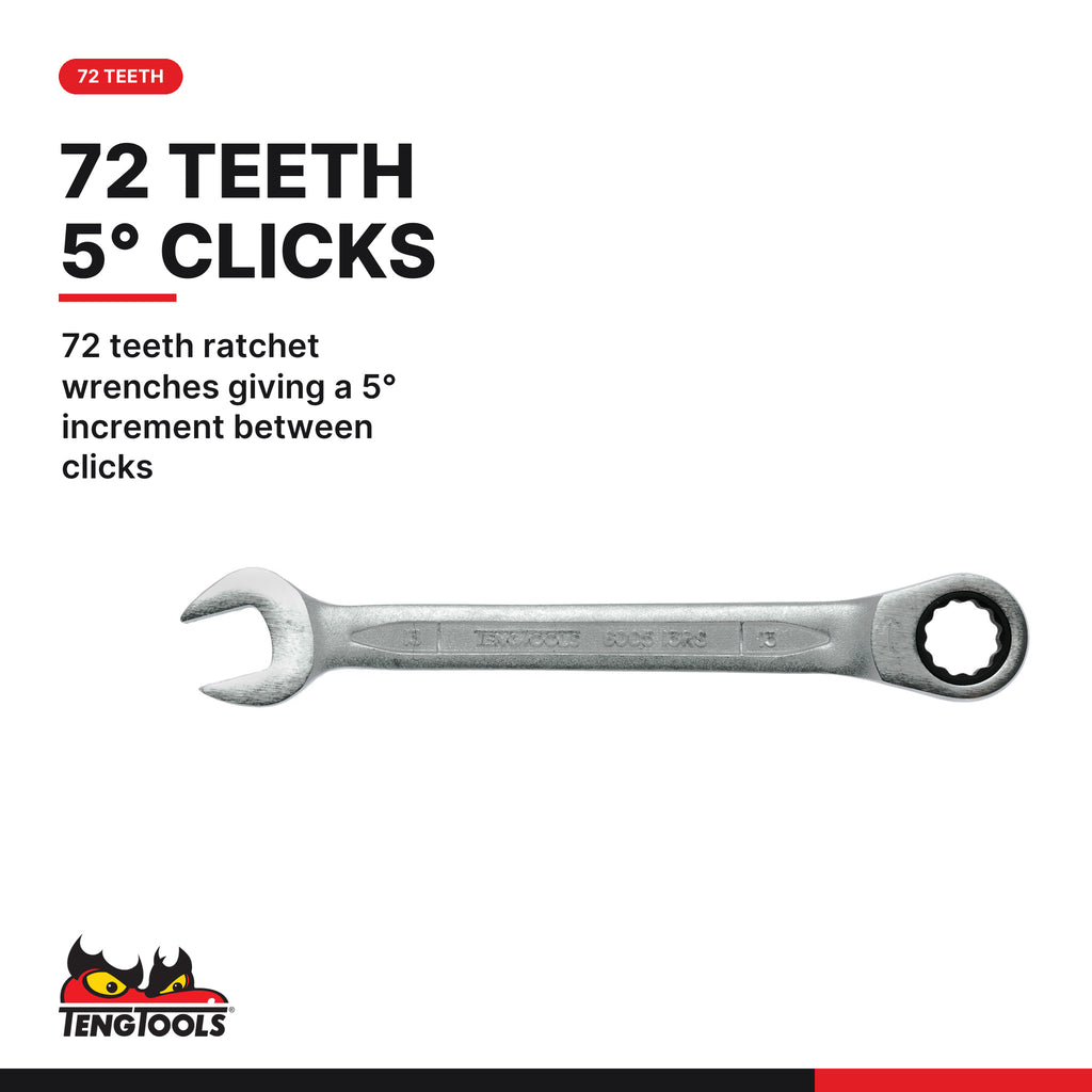 Teng Tools TED6512RS Ratcheting Combination Wrench Set RS FOAM2 12, 72 teeth ratchet wrenches giving a 5° increment between