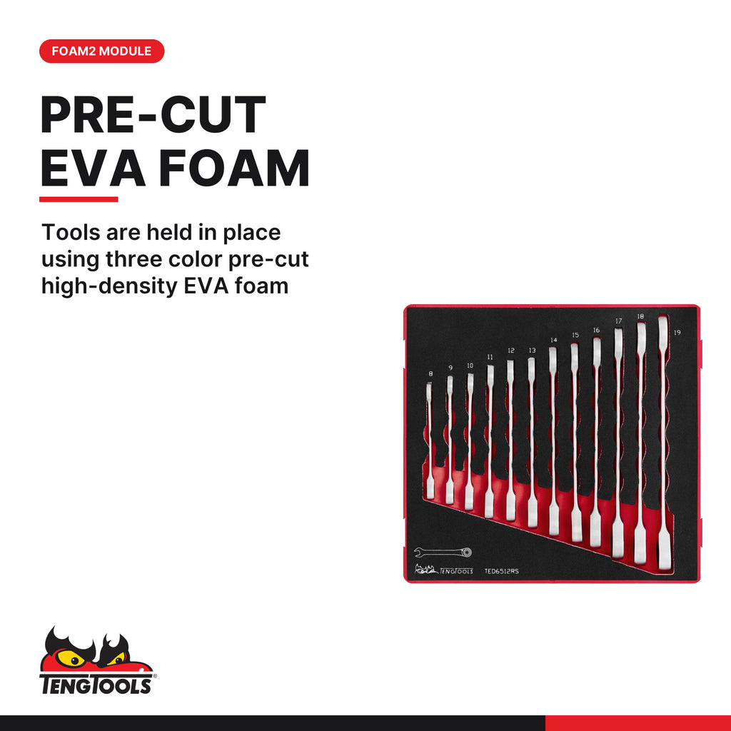 Teng Tools TED6512RS Ratcheting Combination Wrench Set RS FOAM2 12, tools are held in place using three color pre-cut