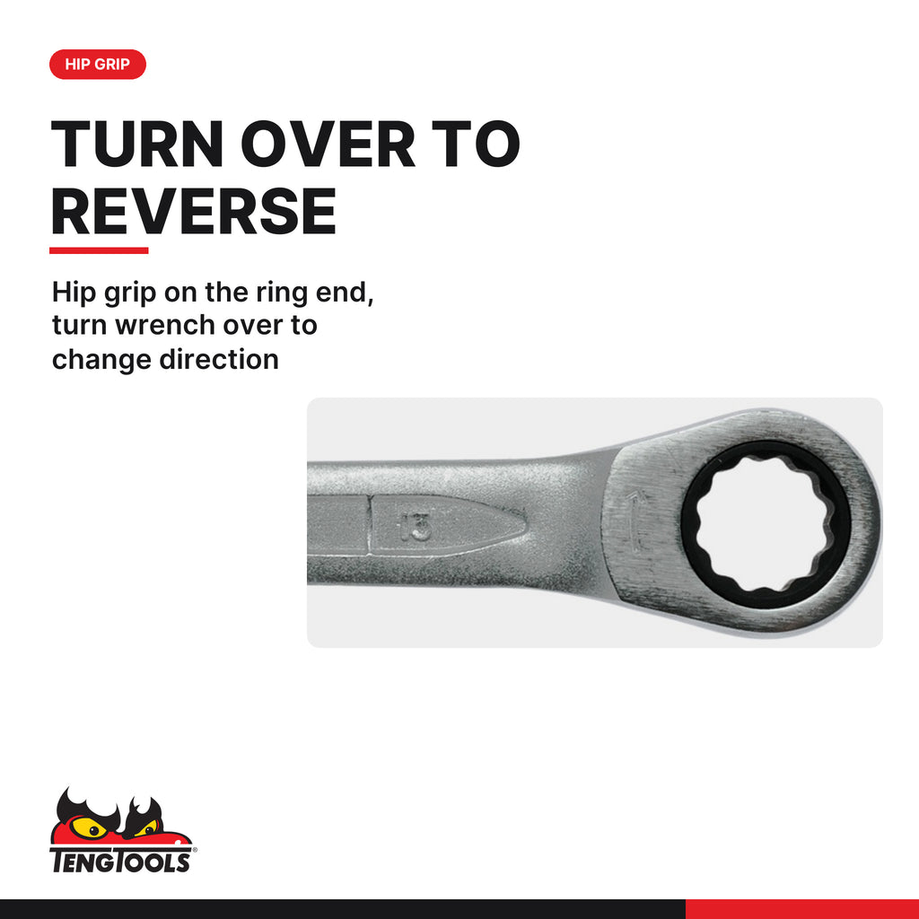 Teng Tools TED6512RS Ratcheting Combination Wrench Set RS FOAM2 12, hip grip on the ring end, turn wrench over to change