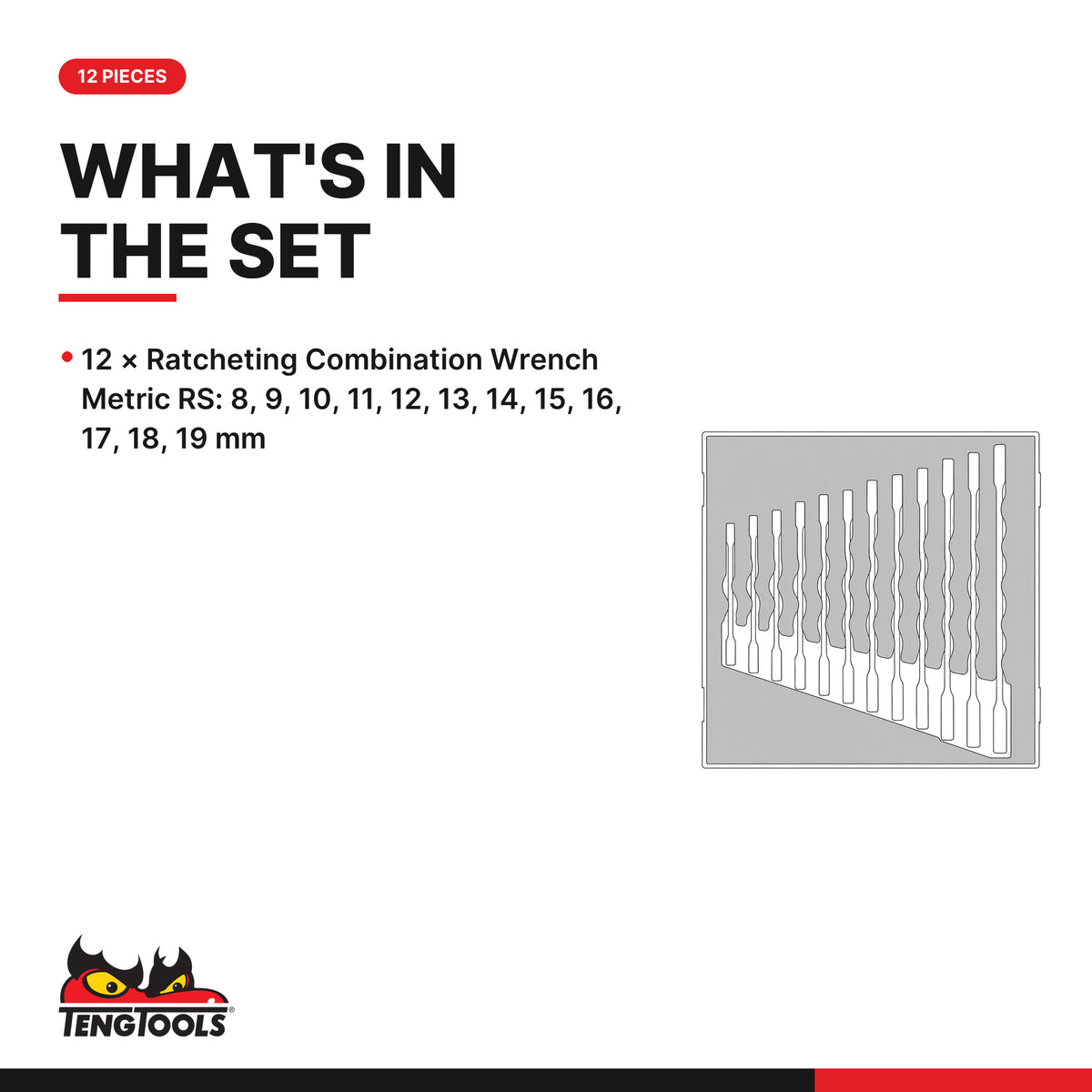 Teng Tools TED6512RS Ratcheting Combination Wrench Set RS FOAM2 12, what's in the set